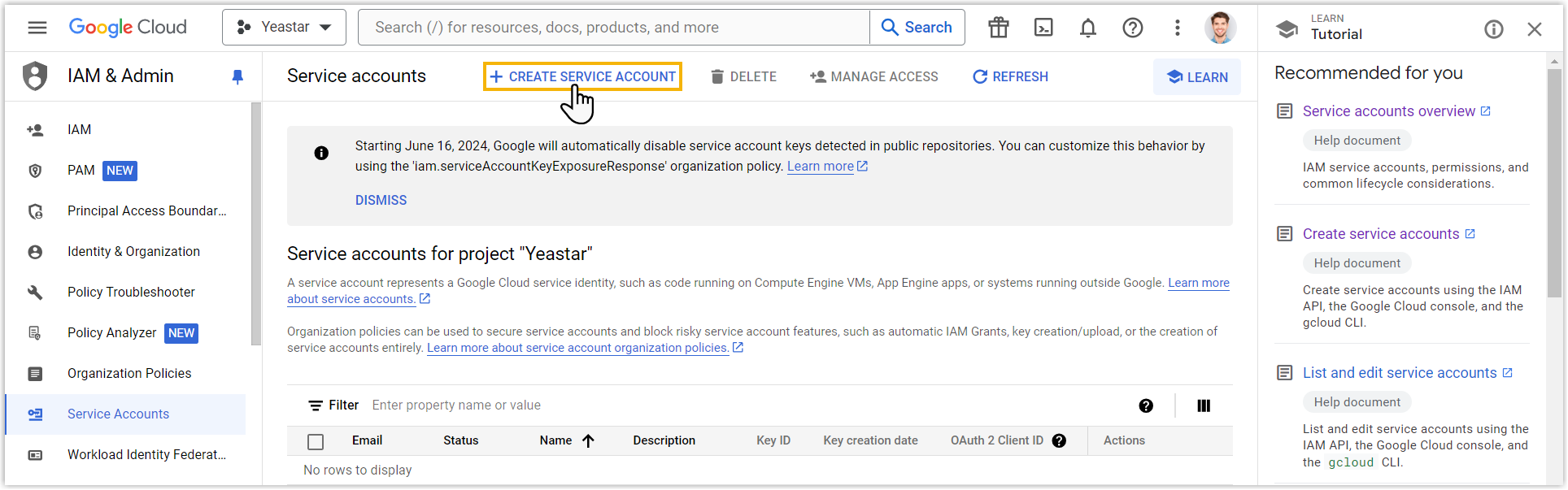 Cloud Voice, the Create Service Account button on the service accounts page