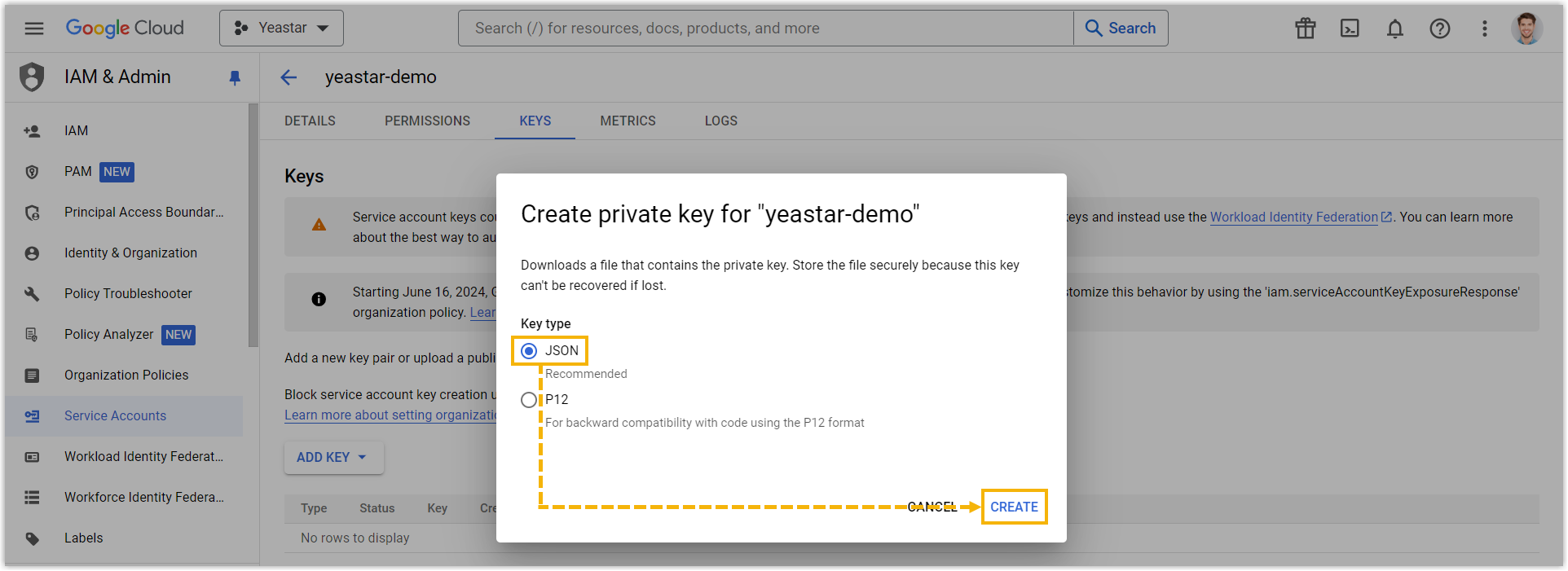 Cloud Voice, choosing the JSON key type before creating the key