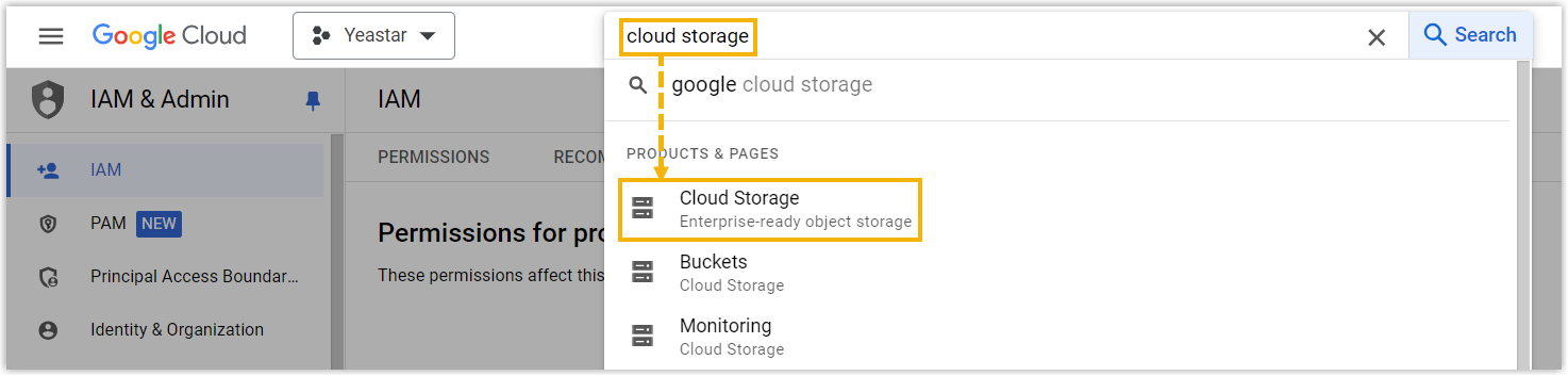 Searching for Cloud Storage in the Google Cloud search bar