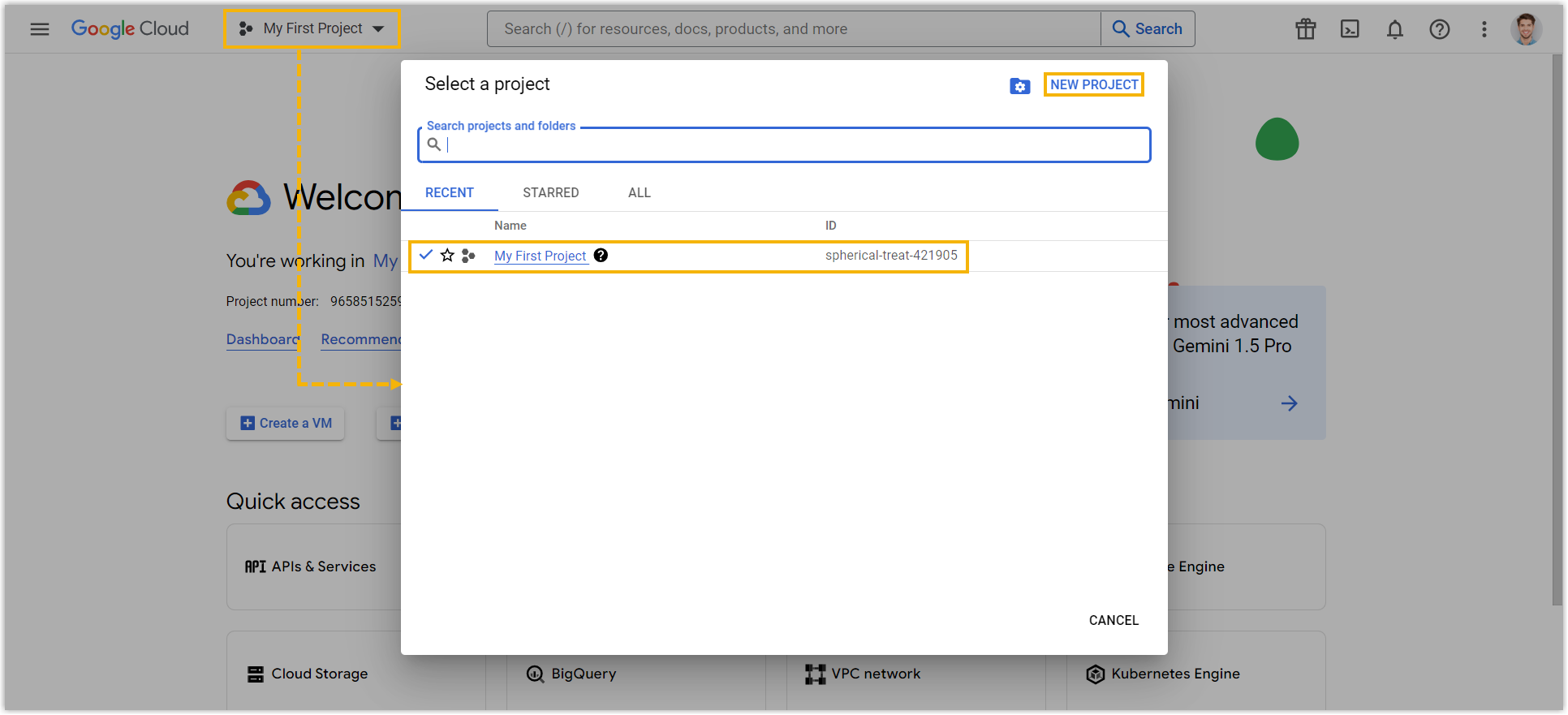 Google Cloud project selector with the option to pick or create a project