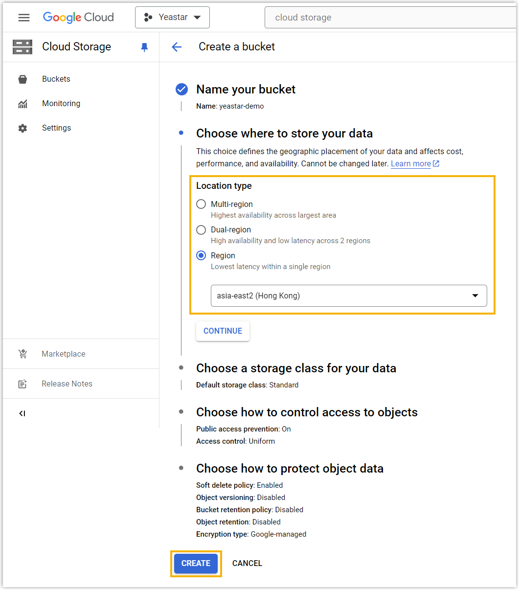 Cloud Voice, selecting a region for the new bucket