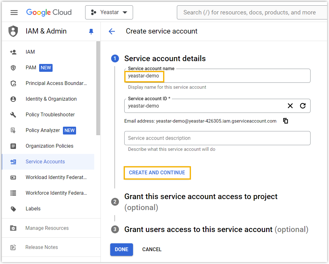 Cloud Voice, entering a name in the service account details step