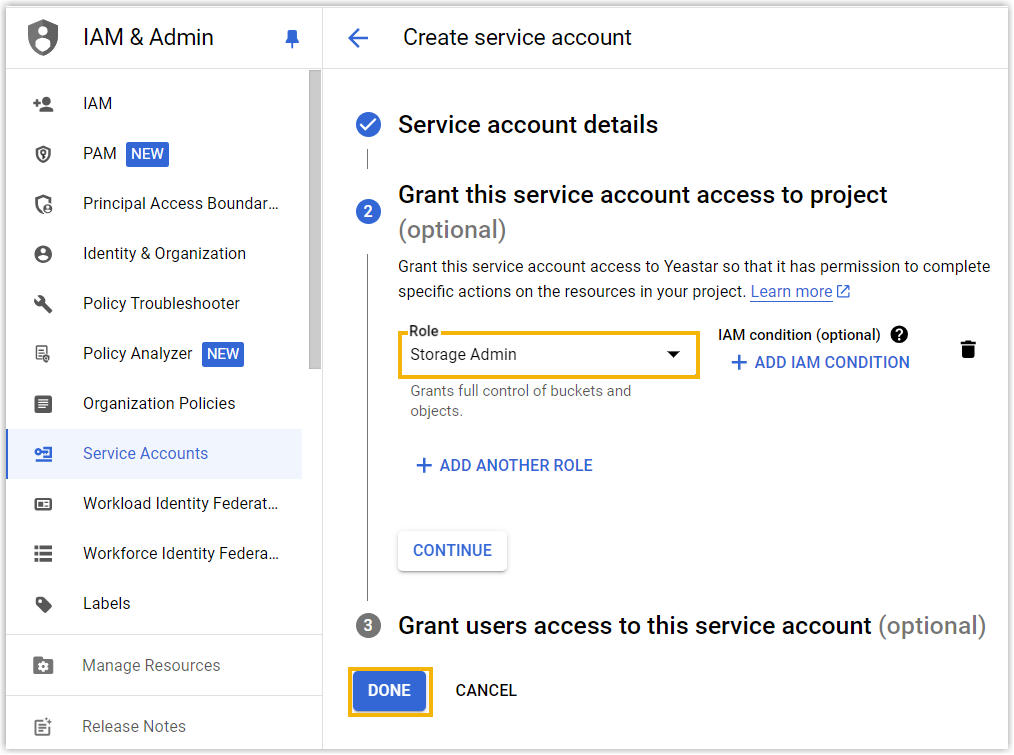 Cloud Voice, assigning the Storage Admin role to the service account