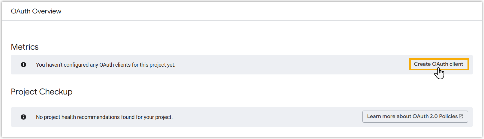 The credentials page with the Create OAuth client option
