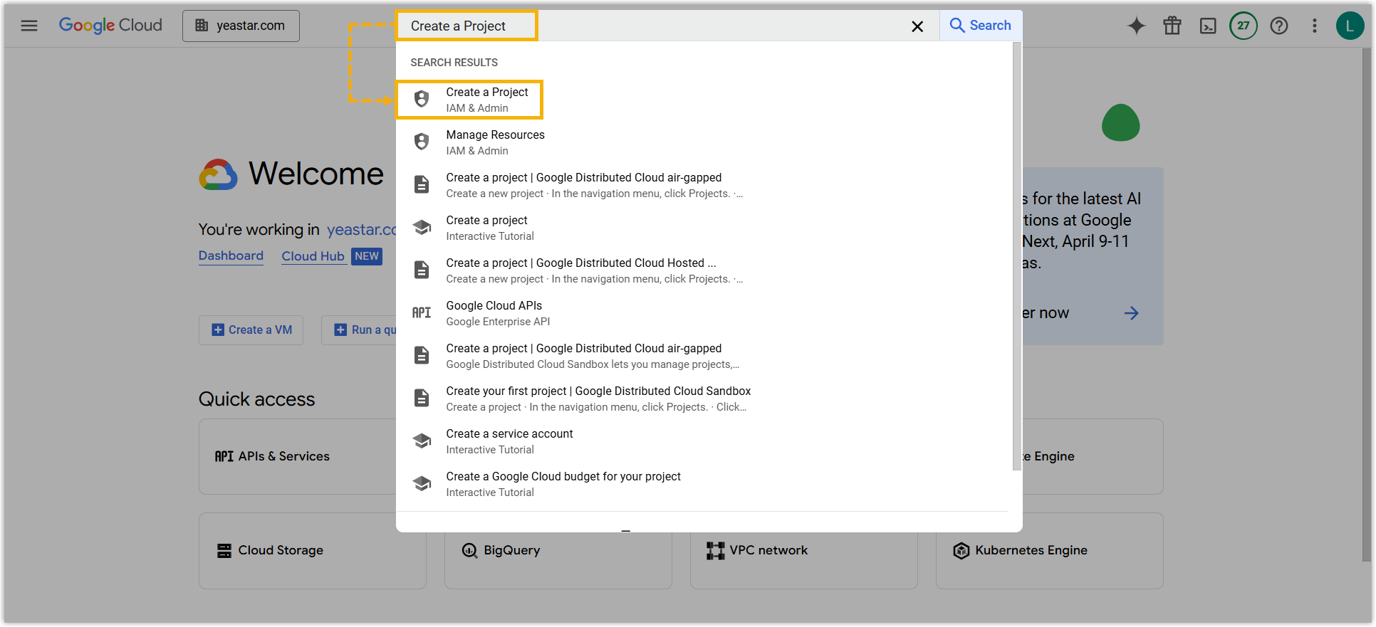 Google Cloud console search results showing the Create a Project entry