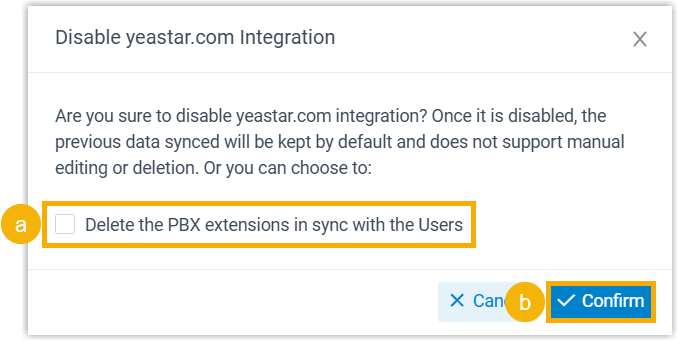 Cloud Voice, confirmation dialog for disabling the Google Workspace integration, with the option to delete synced extensions