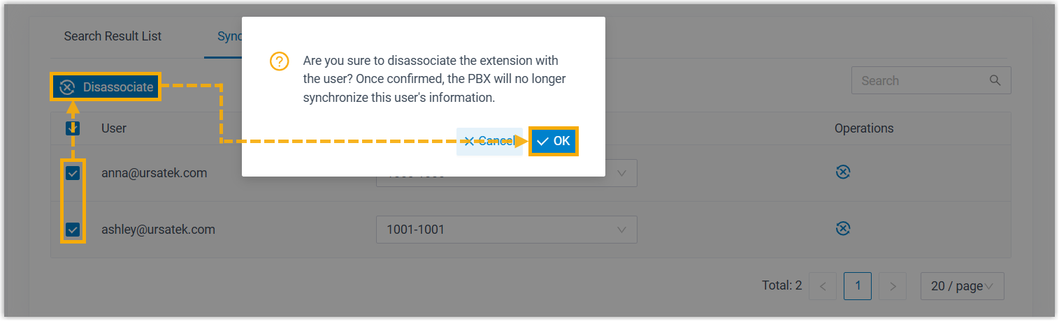 Disassociating a selected Google user from the synchronization list