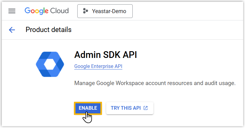 The Admin SDK API page with the Enable button
