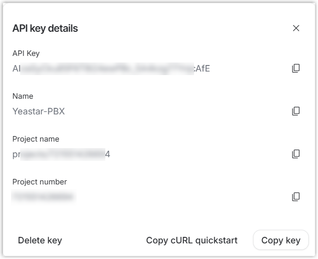 Cloud Voice, the generated Gemini API key details