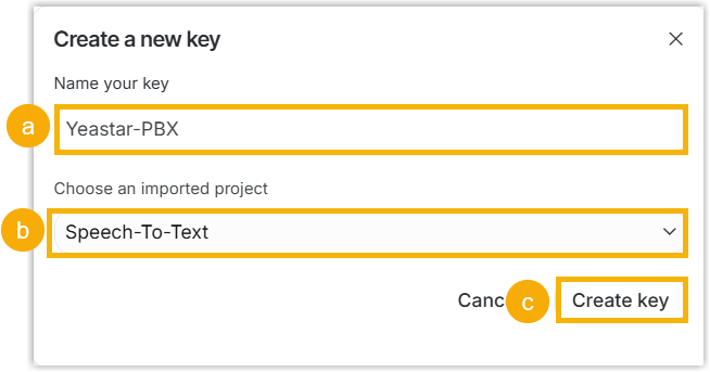 Cloud Voice, the Google AI Studio create API key dialog