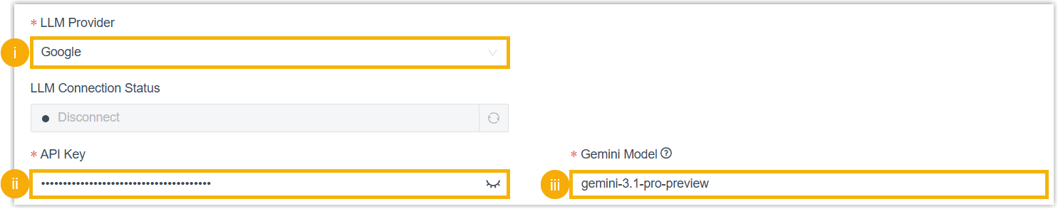 The Google Gemini LLM fields filled in for call summaries