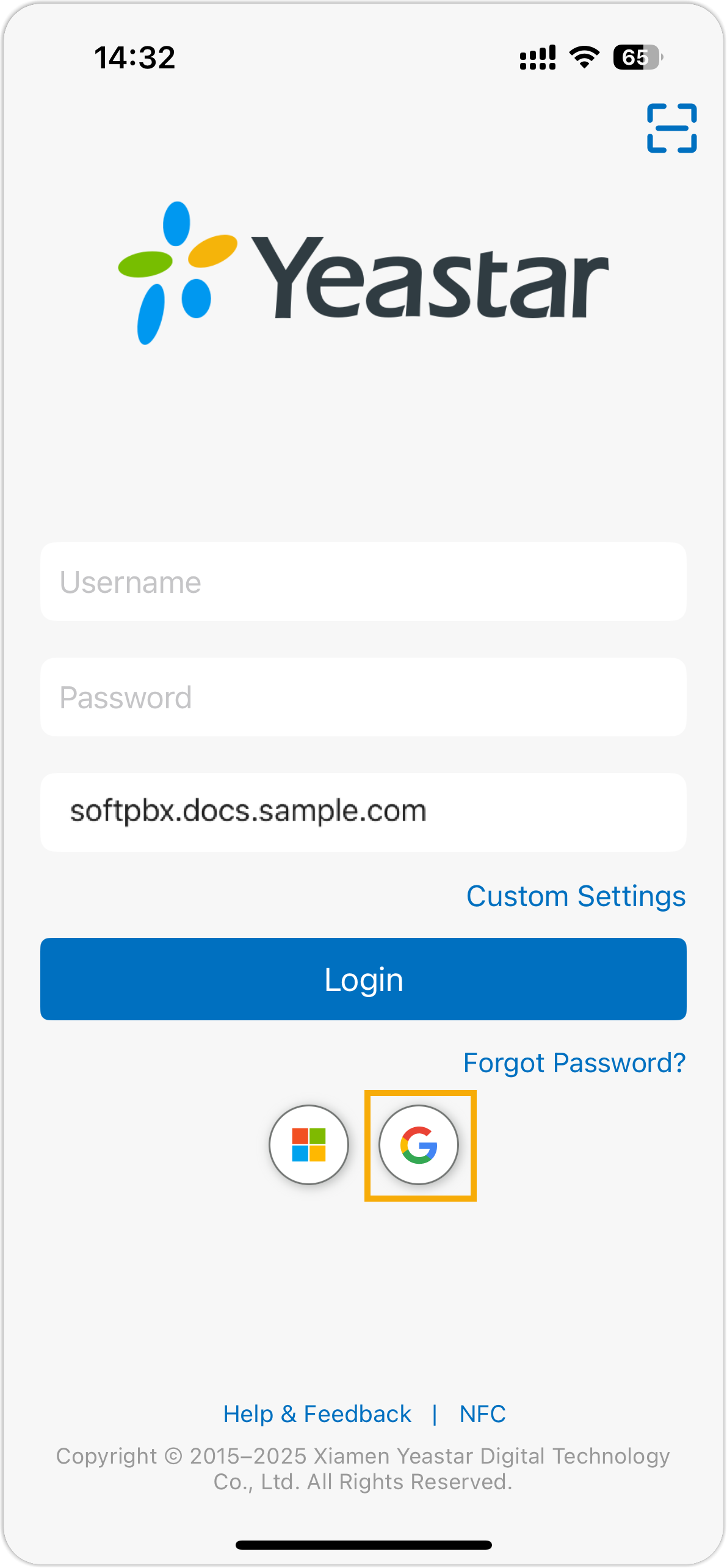 Cloud Voice, mobile login screen showing the Google sign-in button