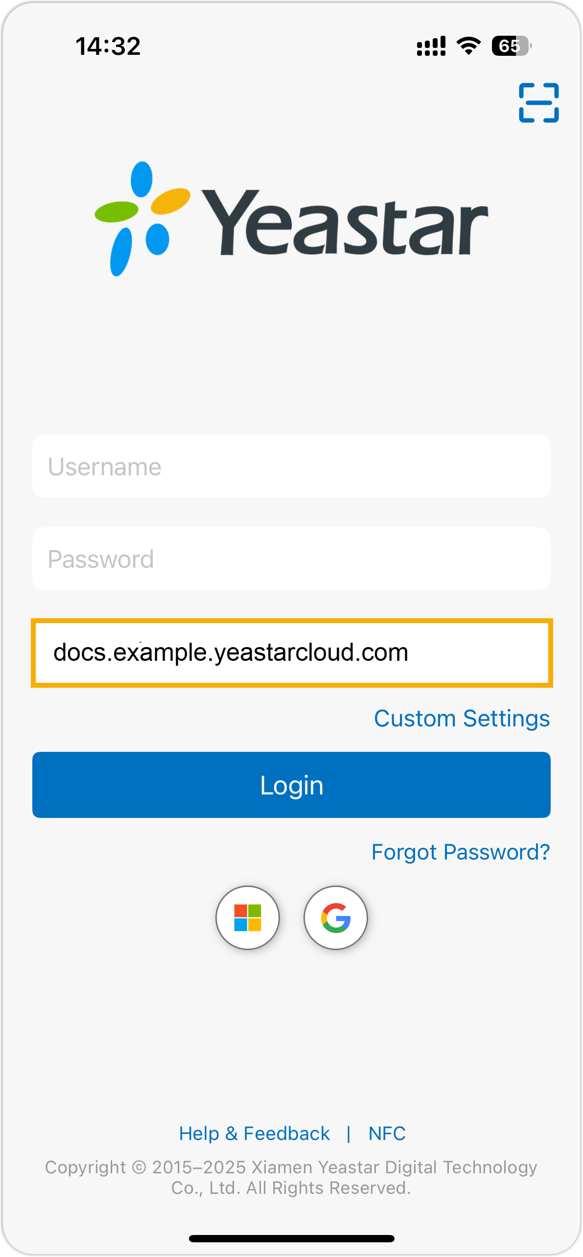 Cloud Voice, entering the phone system address in the SN/Domain field on mobile
