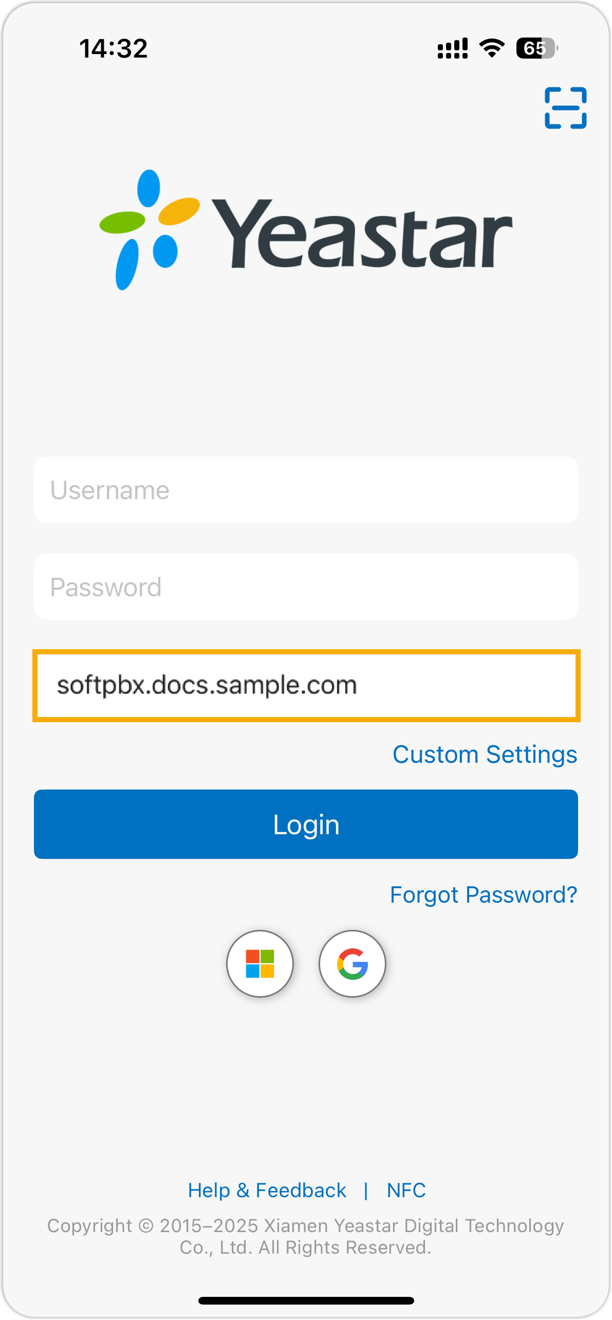Cloud Voice, mobile login screen with the server address entered in the SN/Domain field