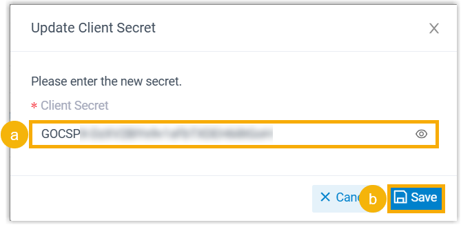 Dialog with a Client Secret field for entering the replacement value