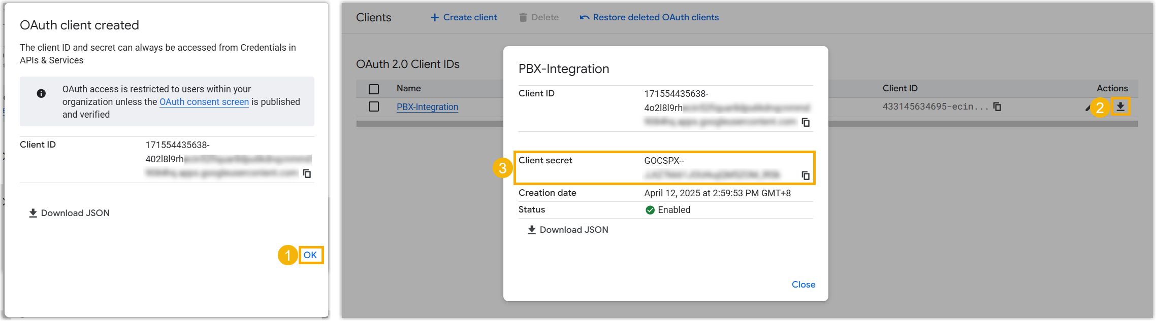 The credentials view without a visible client secret and the Download JSON option