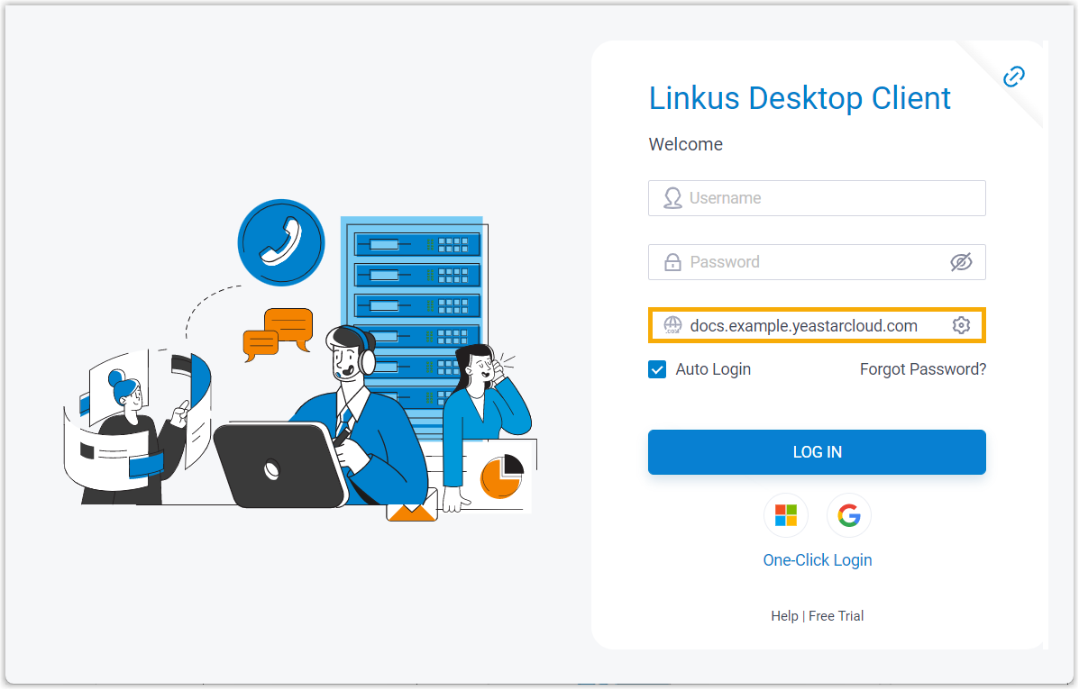 Cloud Voice, the desktop sign-in window with the Domain field ready for the server address