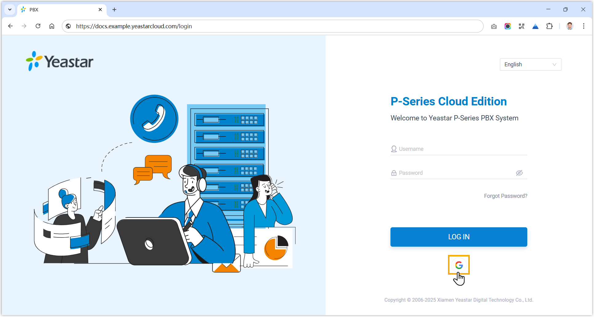 Cloud Voice, the Google sign-in button on the web login screen