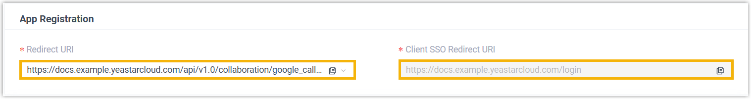 Cloud Voice, the App Registration section listing the two redirect URIs to copy