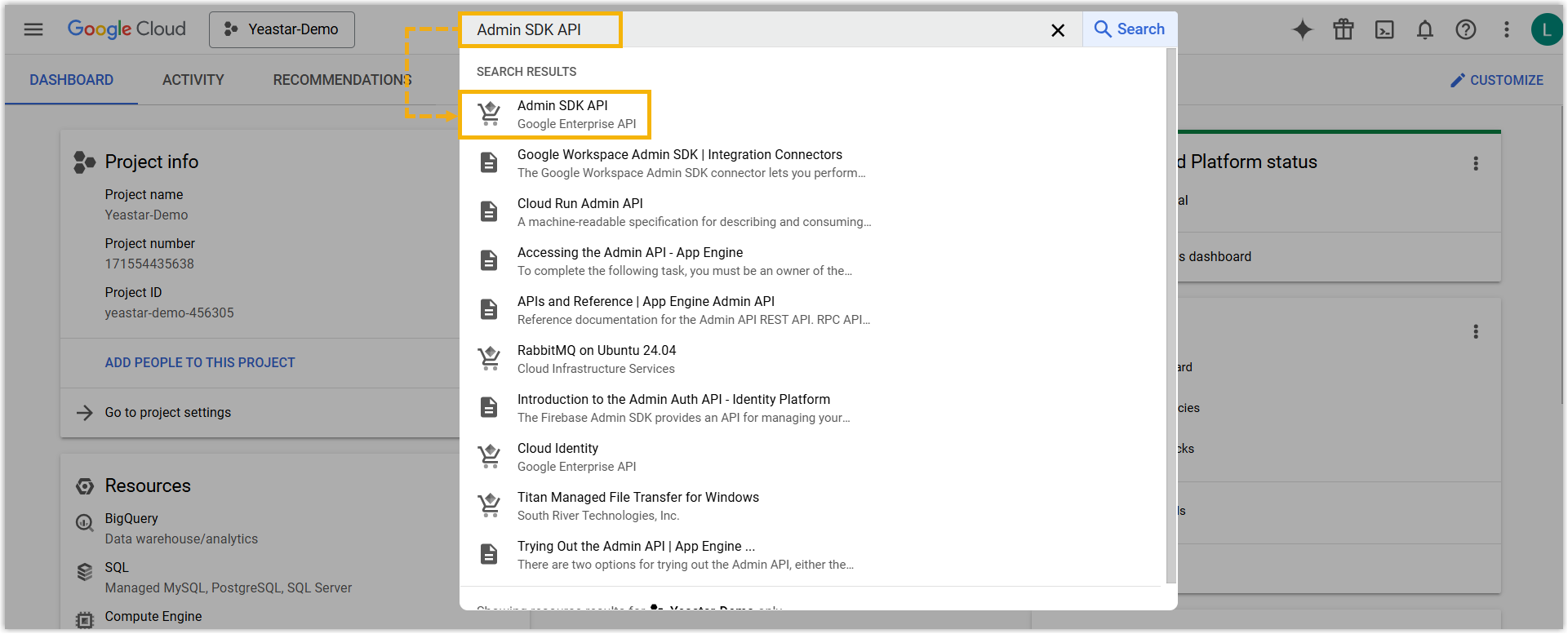 Google Cloud console search results for the Admin SDK API