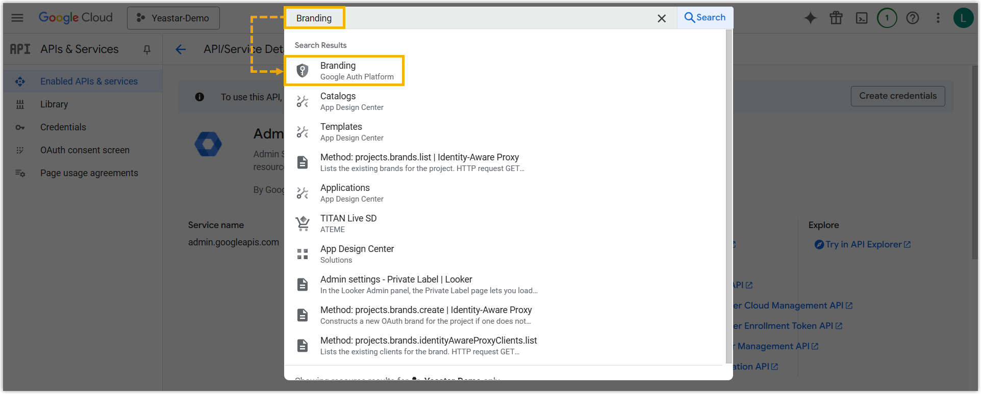 Google Cloud console search results for Branding