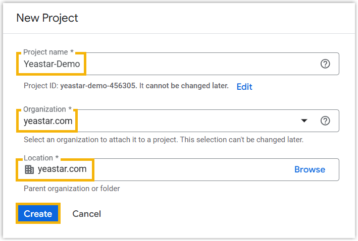 Cloud Voice, the new project form with name, organization, and location fields