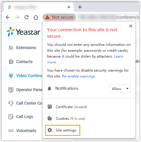 Cloud Voice, the site information pop-up with the Site Settings link highlighted