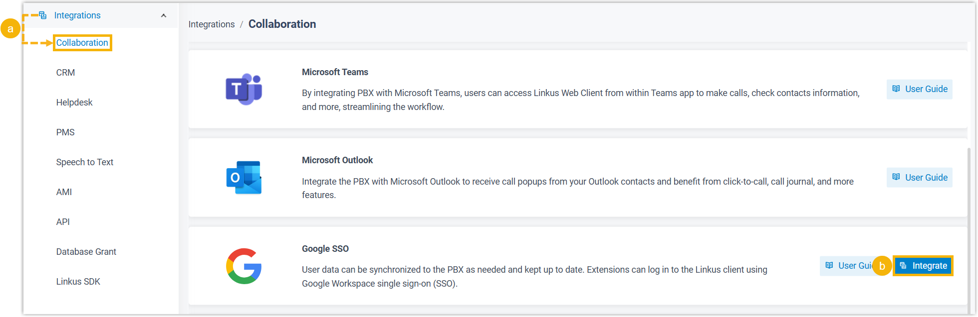 Cloud Voice, the Collaboration tab with the Integrate button for Google SSO