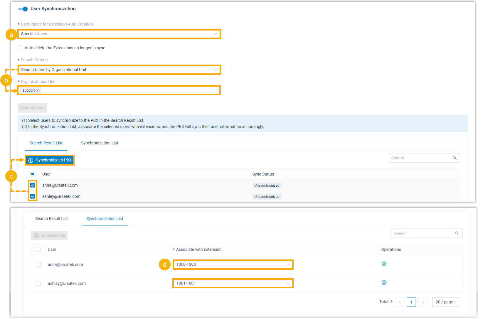 The User Range set to Specific Users with search and selection controls