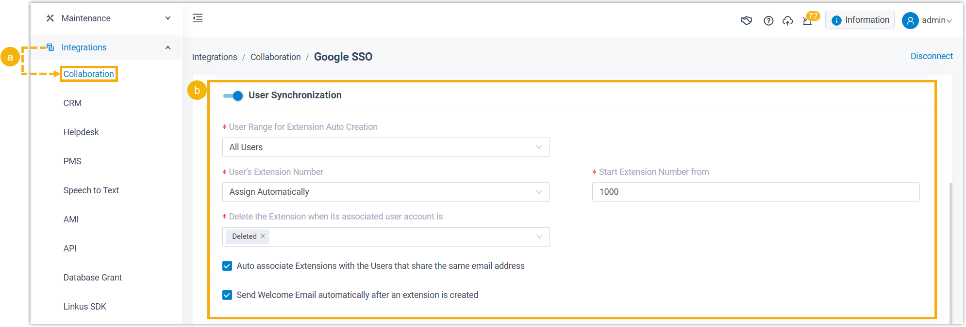 Cloud Voice, the User Synchronization section on the Collaboration integration page