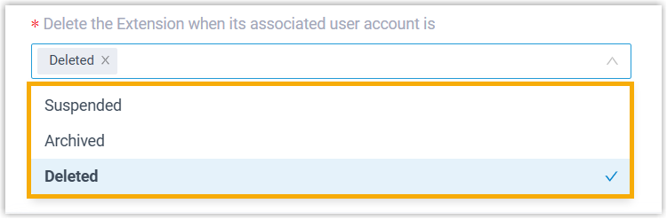The account-status drop-down that controls when an extension is deleted