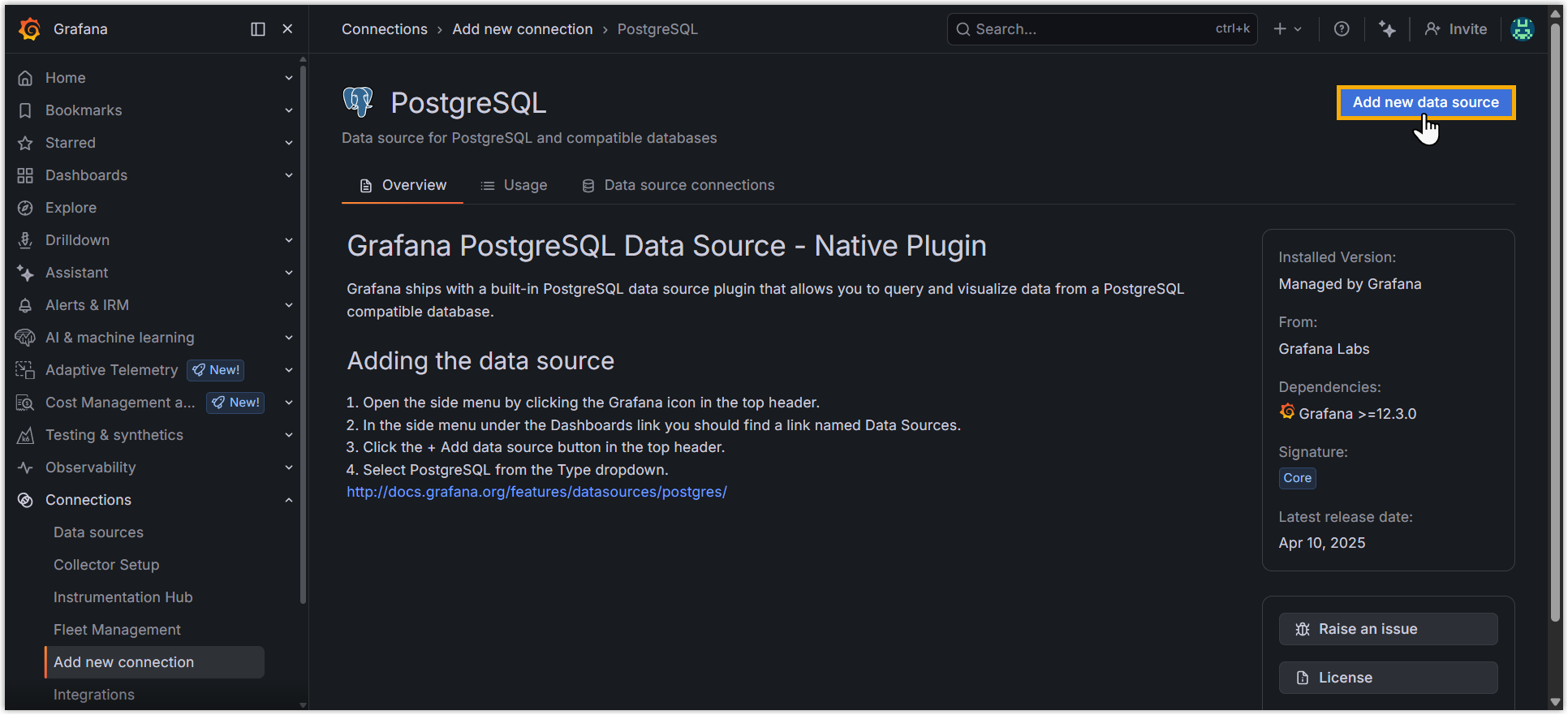 The Add new data source button on the PostgreSQL connection page