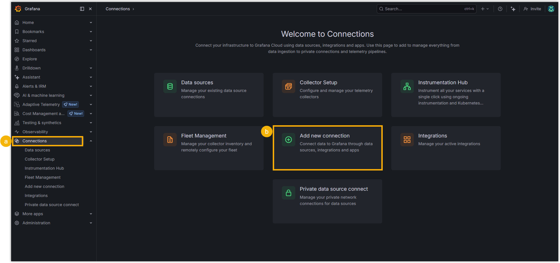 The Add new connection page under Connections in Grafana