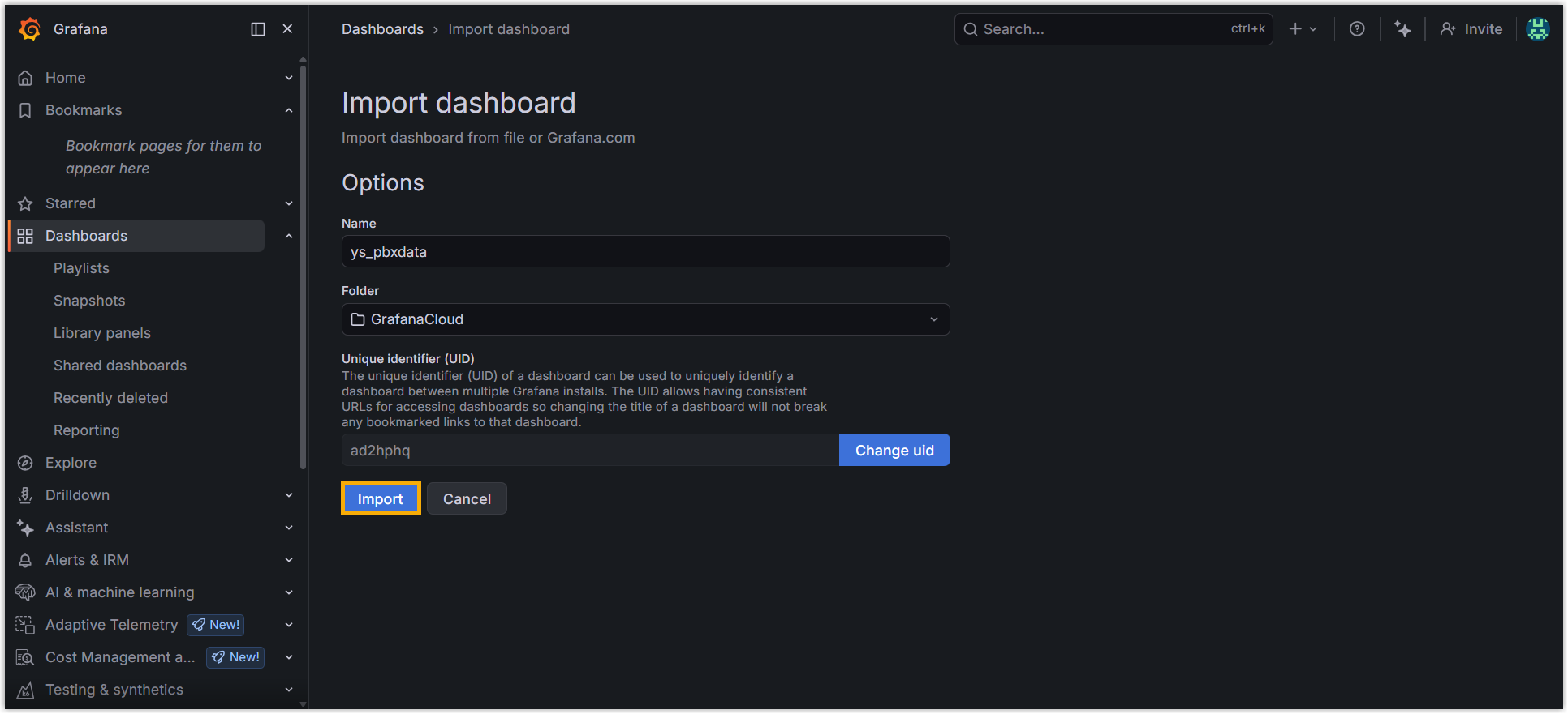 The dashboard import settings before confirming the import