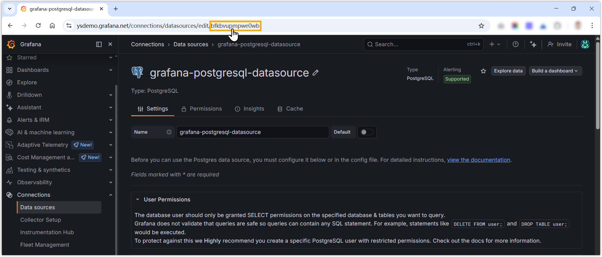 The data source UID shown at the end of the Grafana page URL