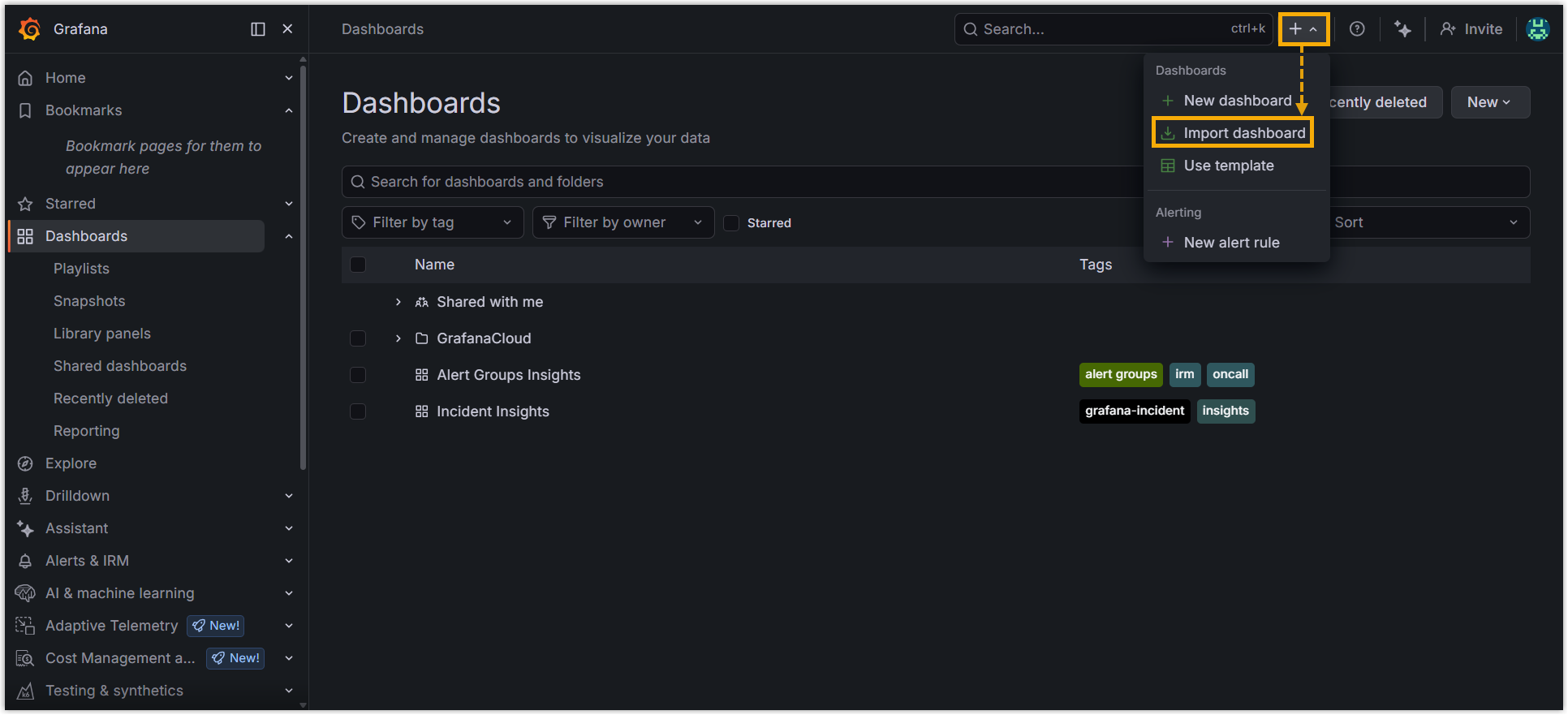 The Import dashboard option in the Dashboards add menu