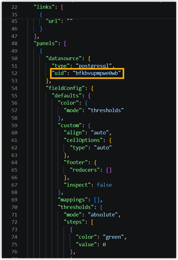 The datasource uid values being edited in the dashboard JSON file