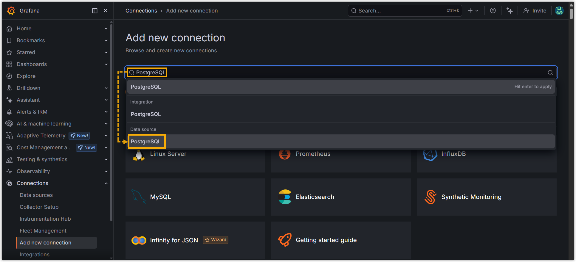 Selecting the PostgreSQL data source from the connection search results