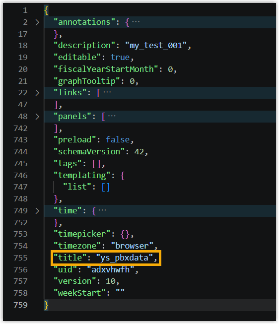 The title field being set in the dashboard JSON template