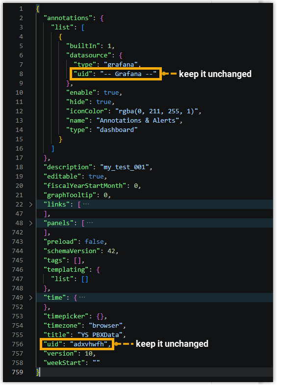 The uid values in annotations and dashboard settings left unchanged