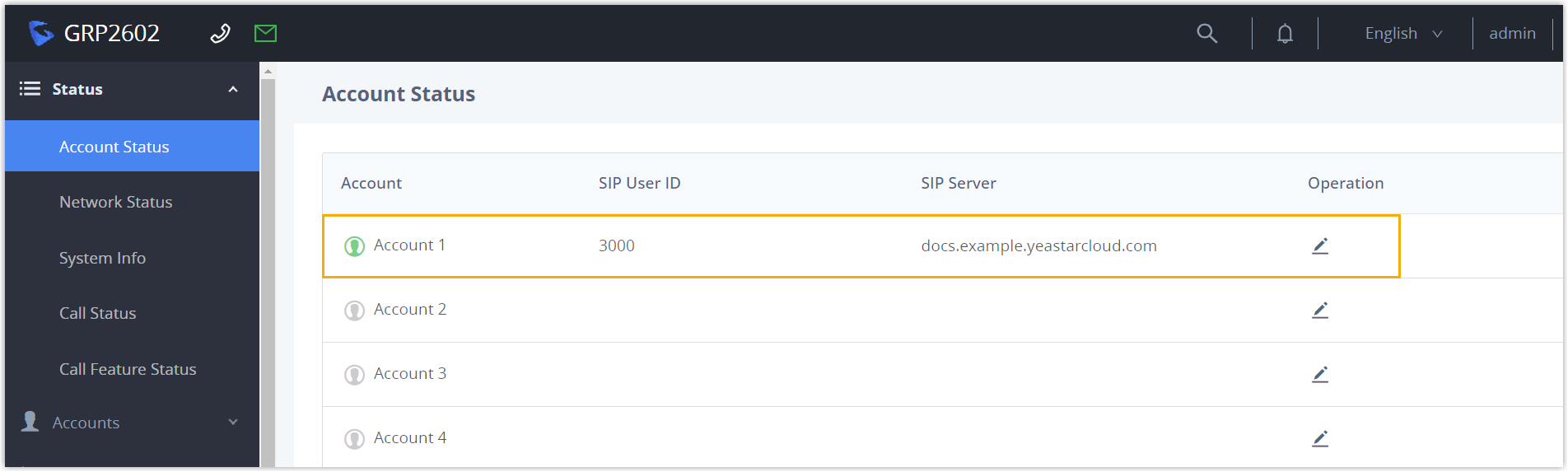 Cloud Voice, Grandstream Account Status page confirming the extension is registered