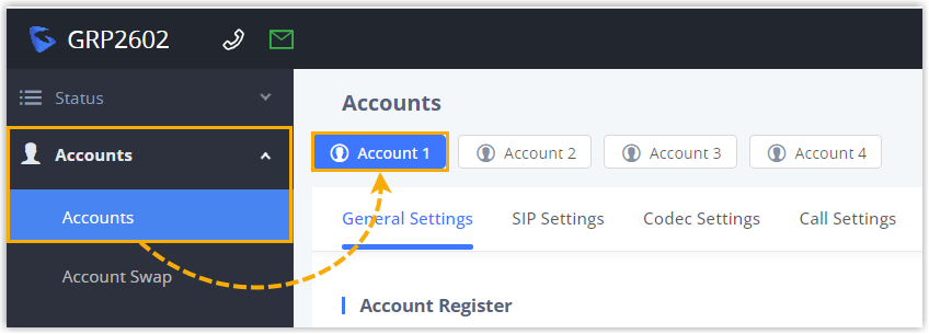 Grandstream Accounts list with an available account selected