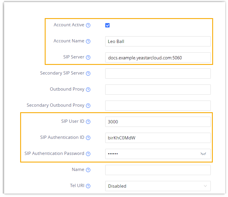 Cloud Voice, Grandstream account registration fields filled with the extension's SIP credentials