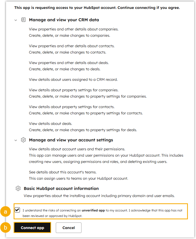 Permission grant screen with the disclaimer checkbox and Connect app button