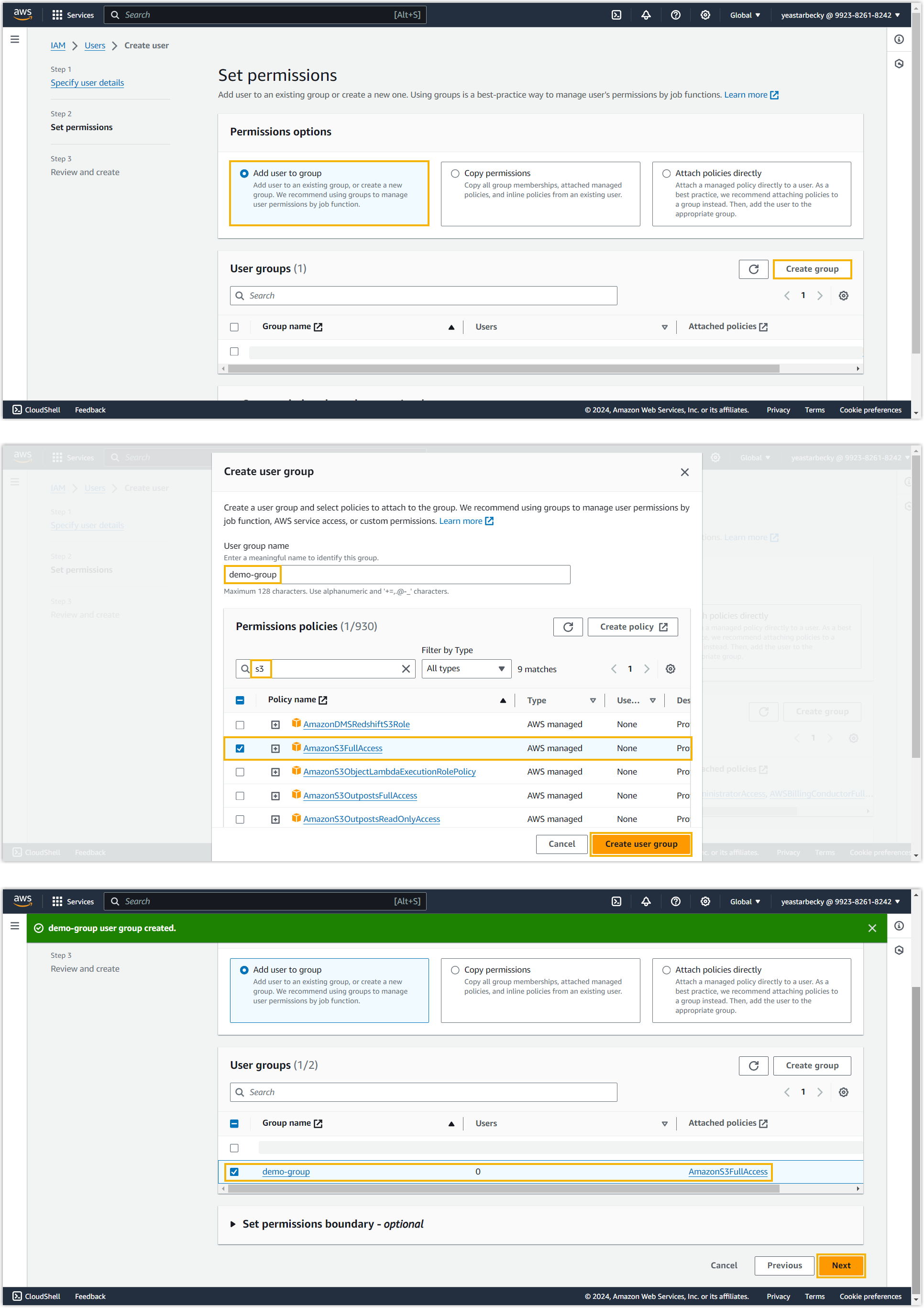 Cloud Voice, granting full Amazon S3 access on the Set permissions page