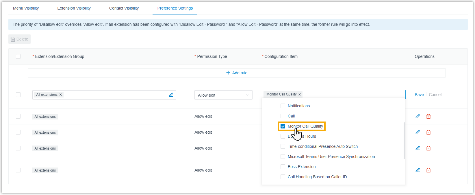 The Monitor Call Quality option selected under Features in the Configuration Item list