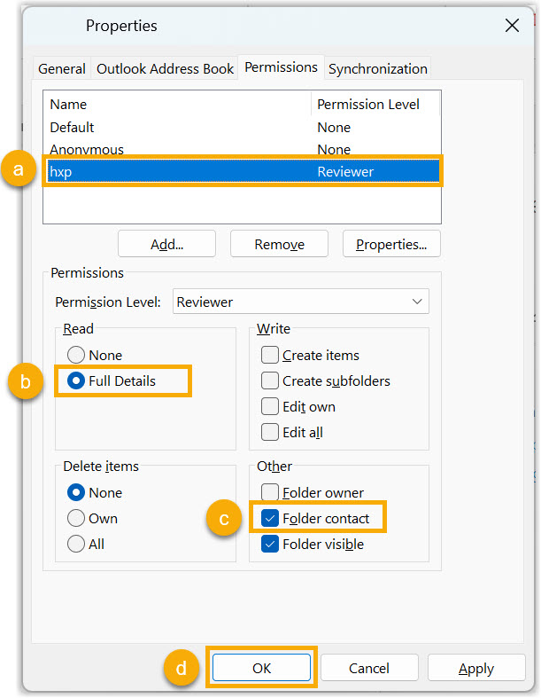 Read permission set to Full Details for the authorization account