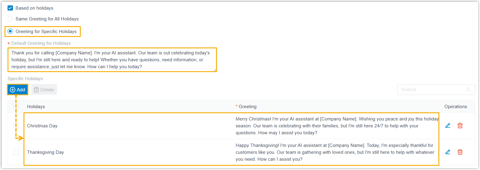 Default holiday greeting with individual per-holiday greetings listed below it