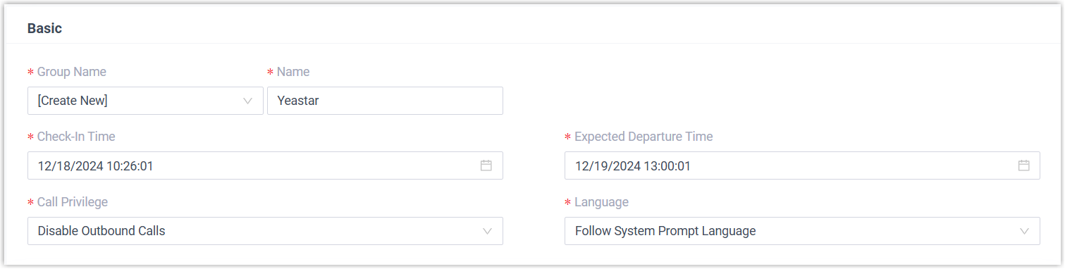 Cloud Voice, basic accommodation fields for a group check-in