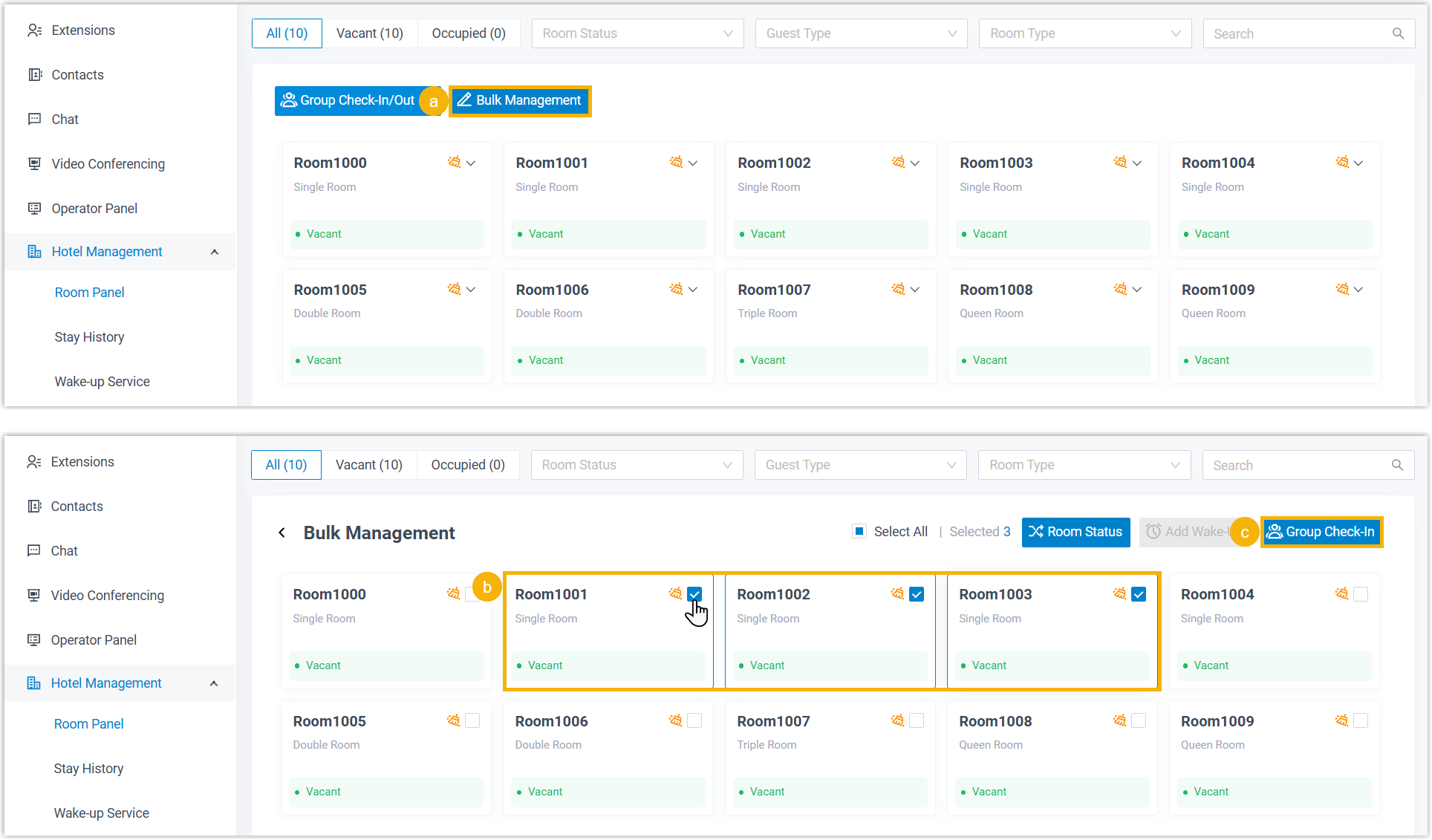 Selecting multiple rooms with Bulk Management before a group check-in